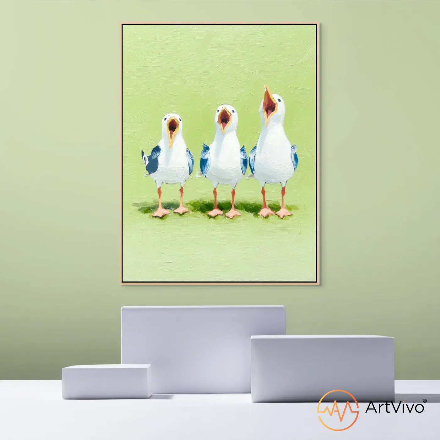 Cuadro animado en lienzo Coro Costero con gaviotas, intervención en óleo y realidad aumentada – ArtVivo