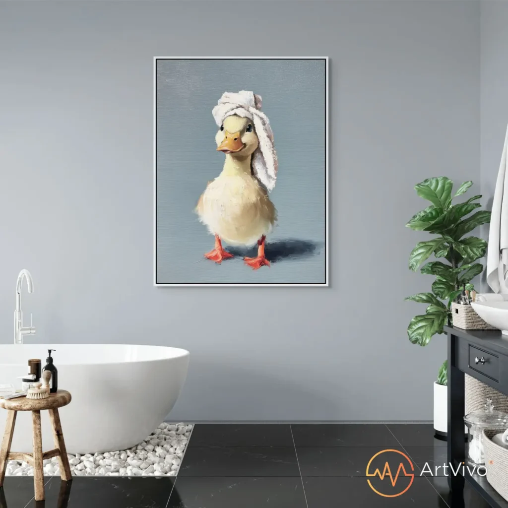 Cuadro decorativo en lienzo 100% algodón Patito Spa con intervención en óleo y realidad aumentada – ArtVivo