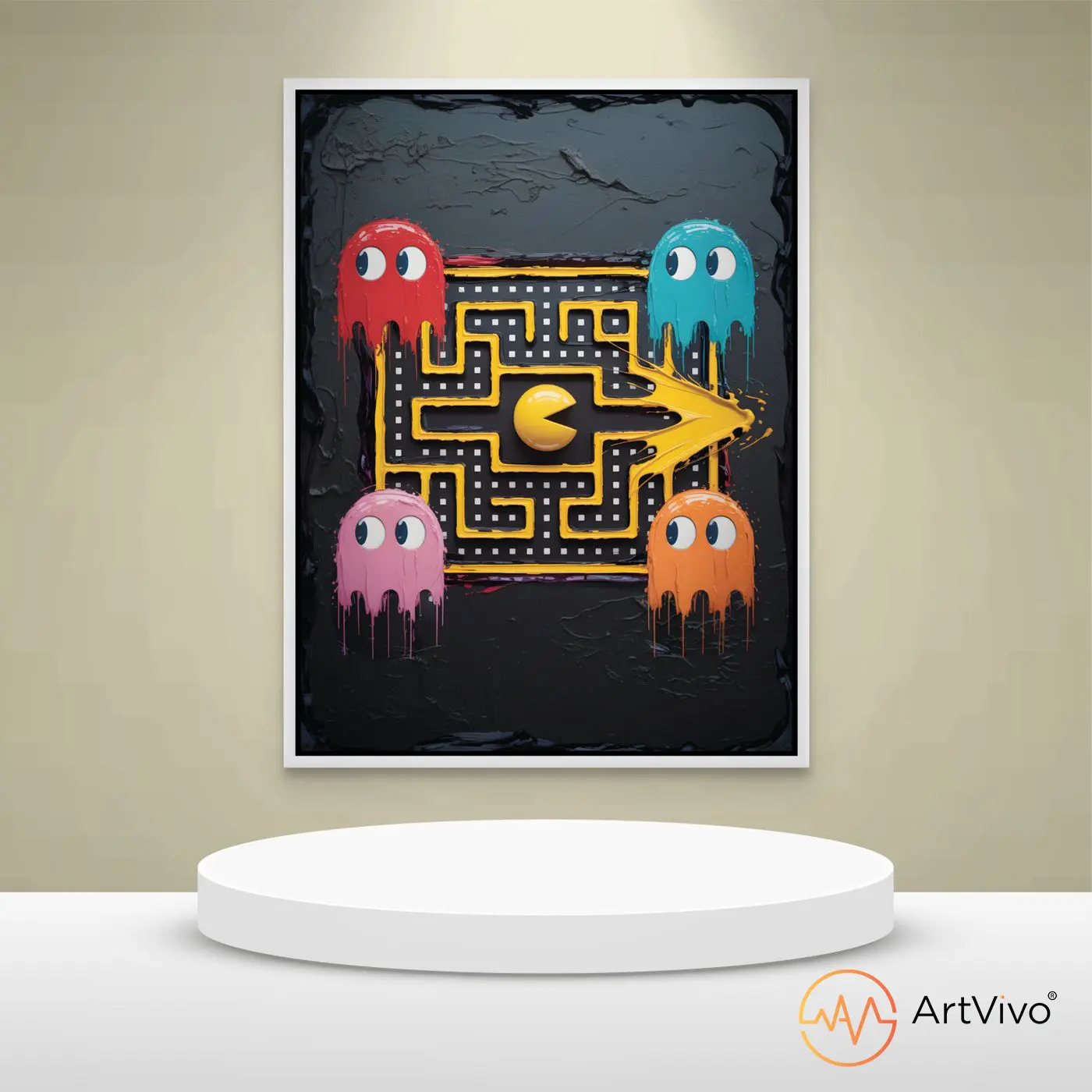Cuadro decorativo en lienzo 100% algodón Pacman Drip con intervención en óleo y realidad aumentada