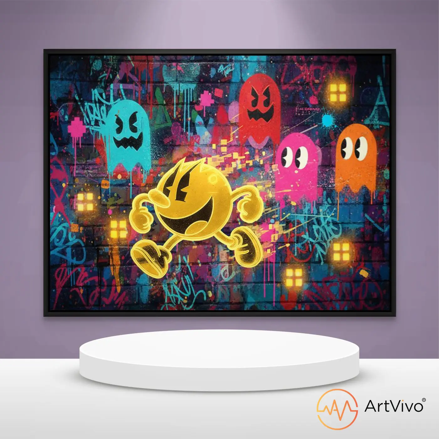 Cuadro decorativo en lienzo 100% algodón Pacman Street Art con intervención en óleo y realidad aumentada – ArtVivo