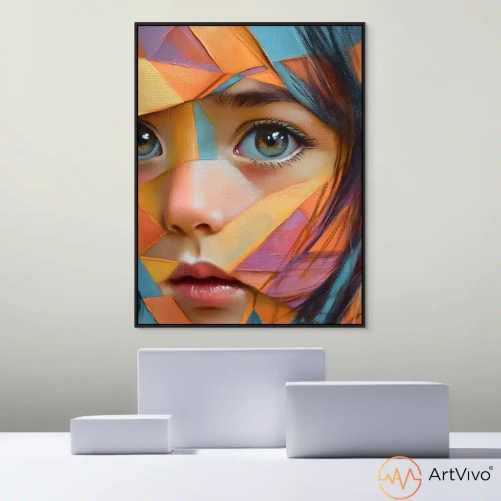 Cuadros abstractos modernos para sala — Alma en Colores retrato femenino en planos de color en lienzo ArtVivo