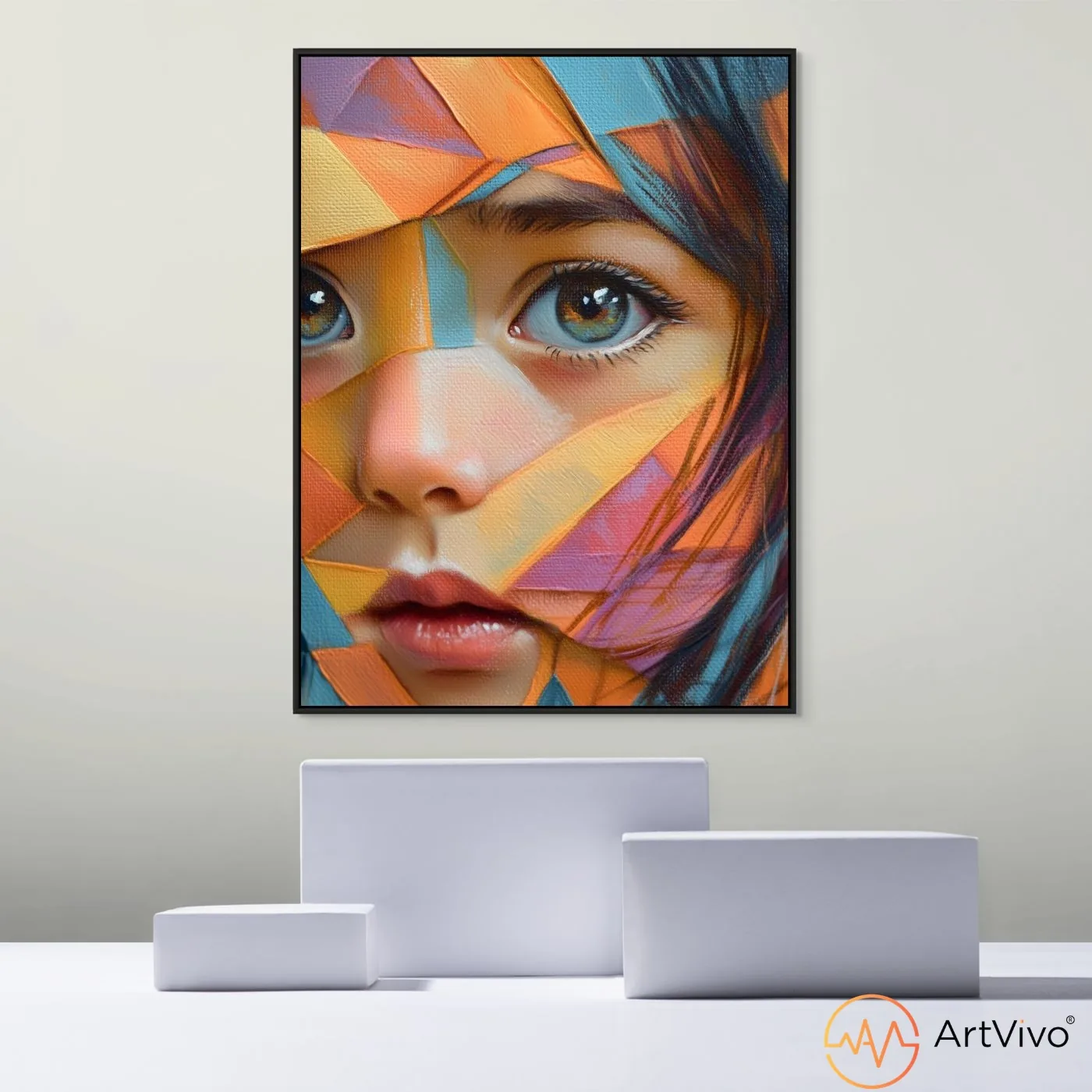 Cuadros abstractos modernos para sala — Alma en Colores retrato femenino en planos de color en lienzo ArtVivo