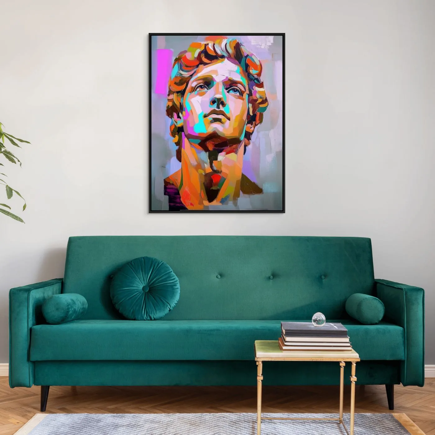 Cuadro artístico pop art David Vivo decorando sala con pared gris y muebles modernos ArtVivo