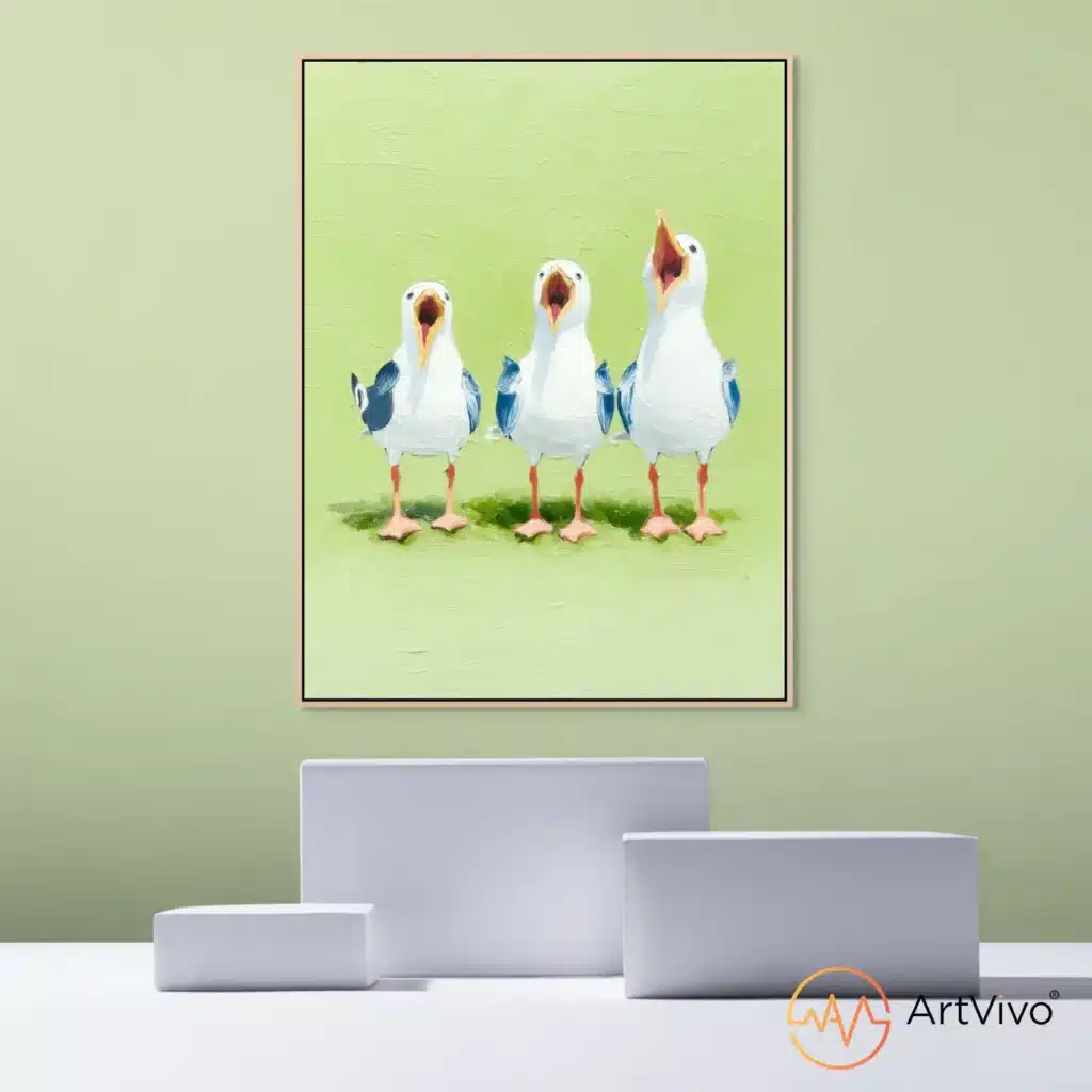 Cuadros de animales divertidos — Los Tres Tenores gaviotas cantando en lienzo ArtVivo
