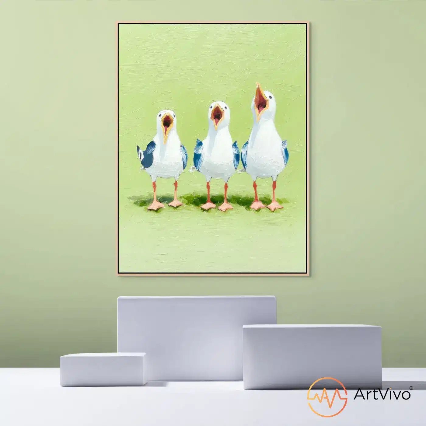 Cuadros de animales divertidos — Los Tres Tenores gaviotas cantando en lienzo ArtVivo