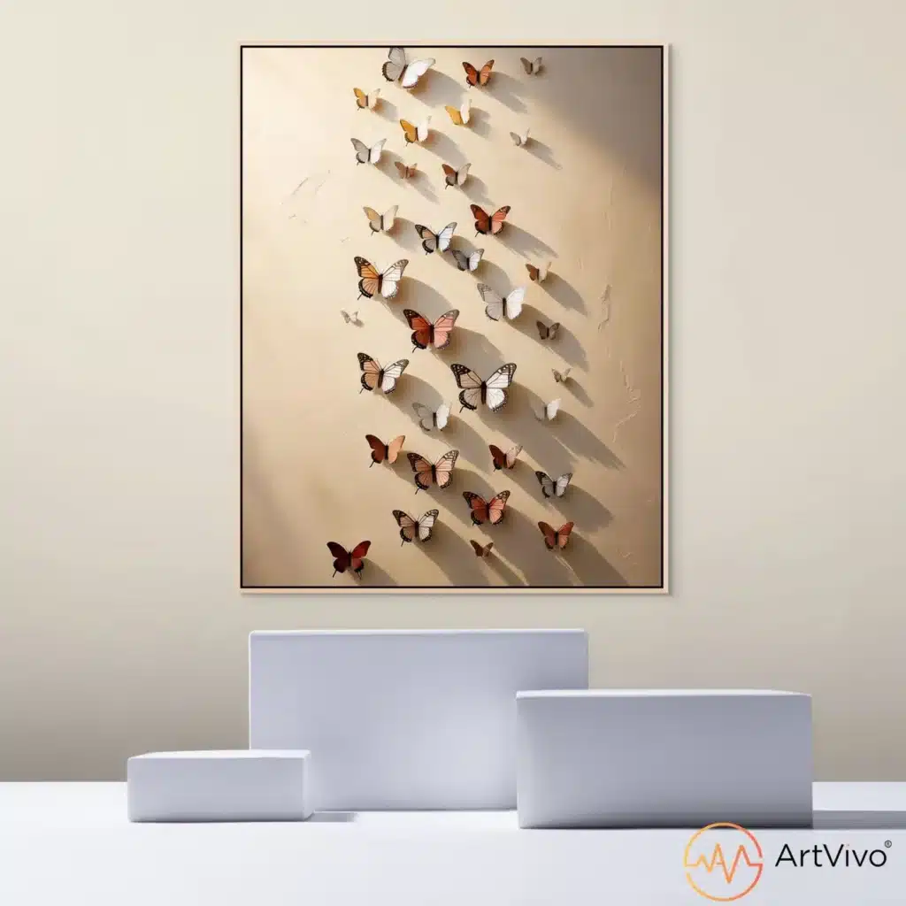 Cuadros de animales para sala — Vuelo Libre mariposas en tonos tierra y naranja en lienzo ArtVivo