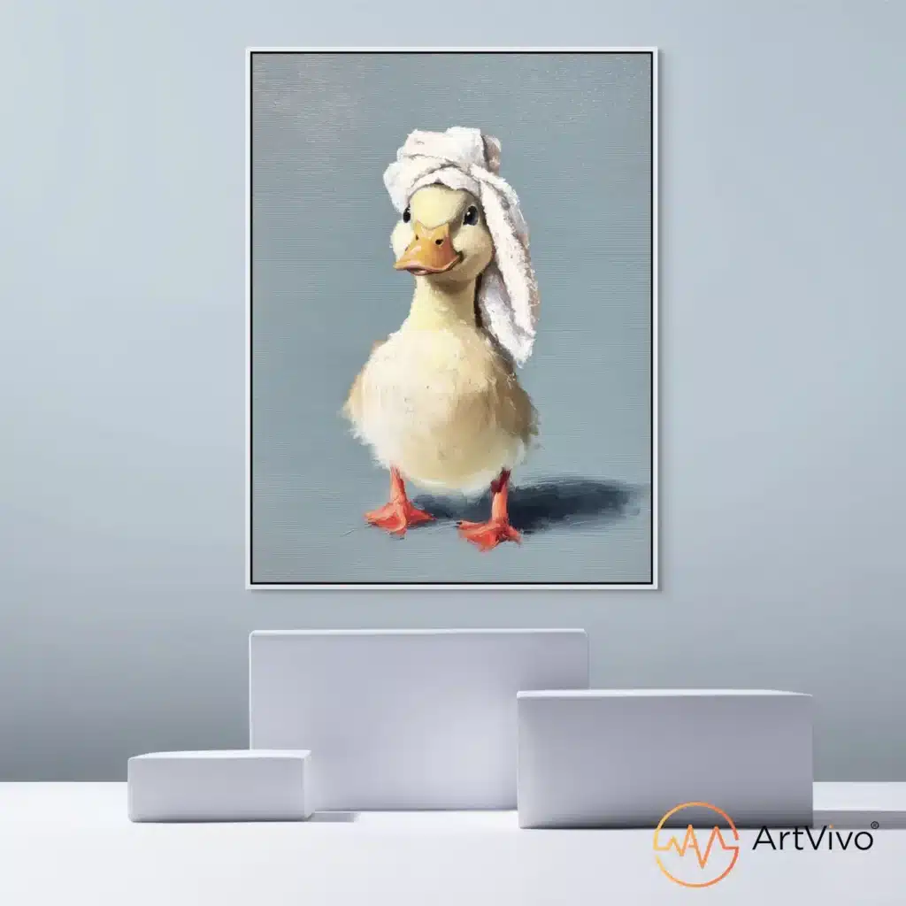 Cuadros de animales para baño — Día de SPA patito con toalla en lienzo al óleo ArtVivo