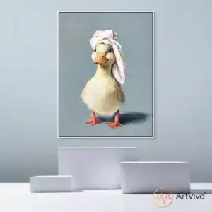 Cuadros de animales para baño — Día de SPA patito con toalla en lienzo al óleo ArtVivo
