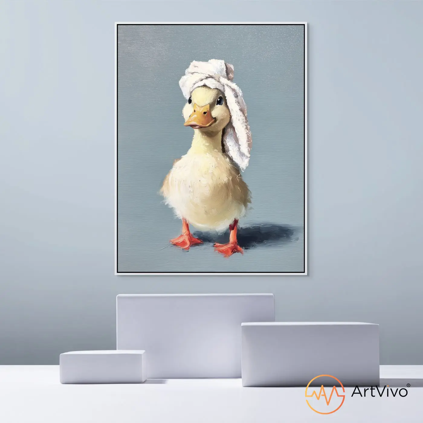 Cuadros de animales para baño — Día de SPA patito con toalla en lienzo al óleo ArtVivo