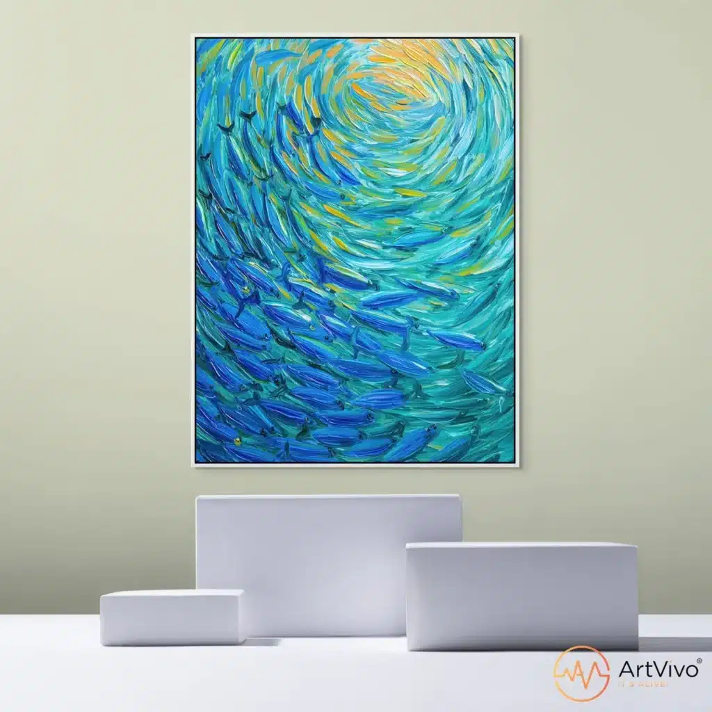 Cuadros de animales para sala — Cardumen peces en espiral azul y dorado en lienzo ArtVivo