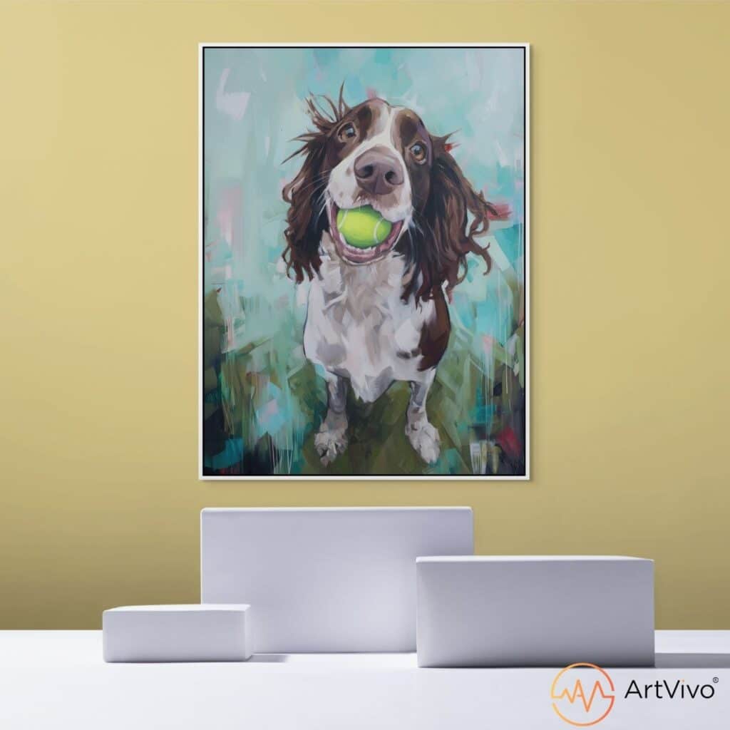 Cuadros de animales para sala — Pura Alegría springer spaniel marrón y blanco con pelota en lienzo ArtVivo