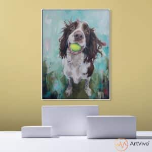 Cuadros de animales para sala — Pura Alegría springer spaniel marrón y blanco con pelota en lienzo ArtVivo