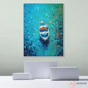 Cuadros de paisajes para sala — A la Deriva bote sobre mar expresionista en lienzo ArtVivo
