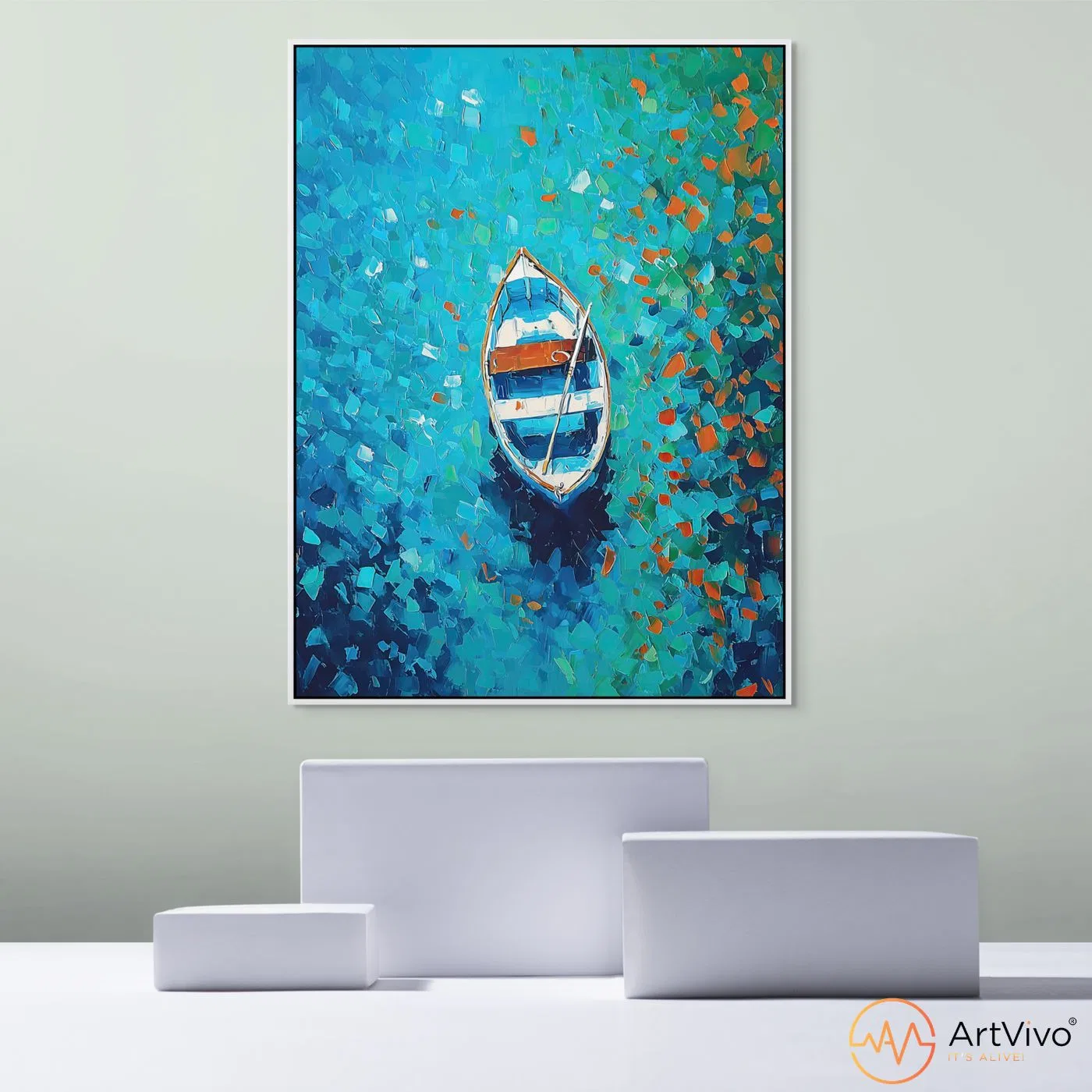 Cuadros de paisajes para sala — A la Deriva bote sobre mar expresionista en lienzo ArtVivo