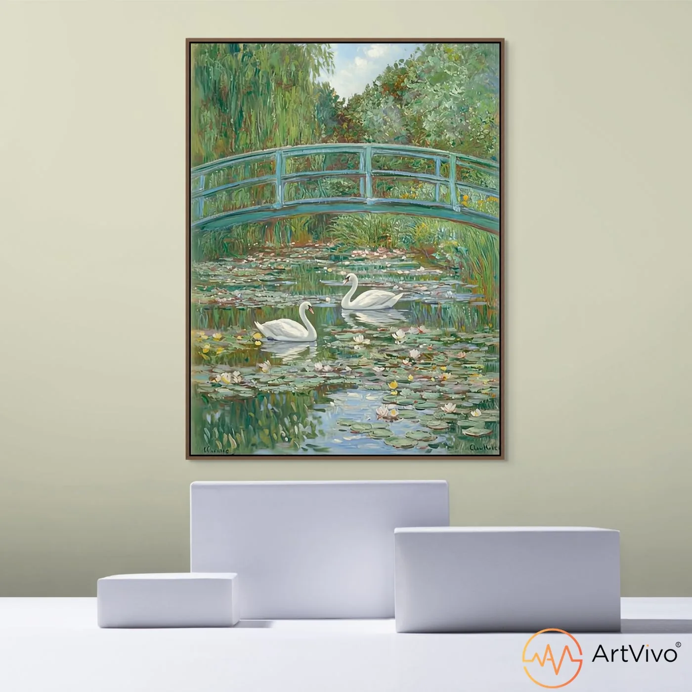 Cuadros de paisajes para sala — Jardín Eterno cisnes sobre lago estilo Monet en lienzo ArtVivo
