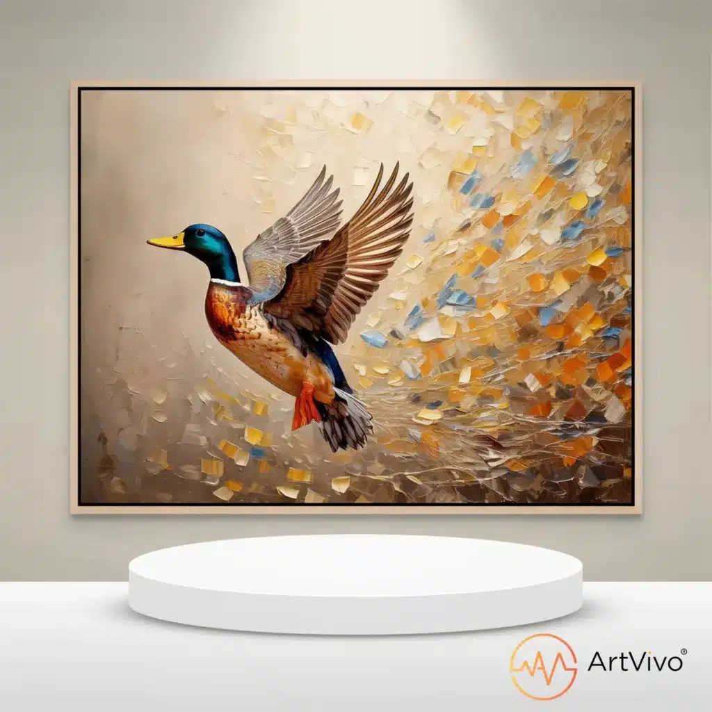 Cuadros decorativos interactivos — Duck Hunt Dorado pato en vuelo sobre expresionismo dorado en lienzo ArtVivo