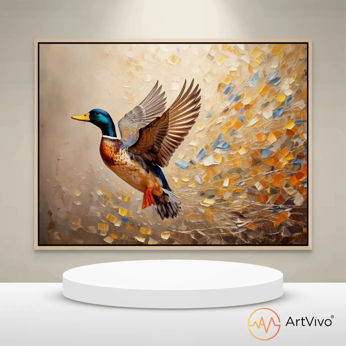 Cuadros decorativos interactivos — Duck Hunt Dorado pato en vuelo sobre expresionismo dorado en lienzo ArtVivo