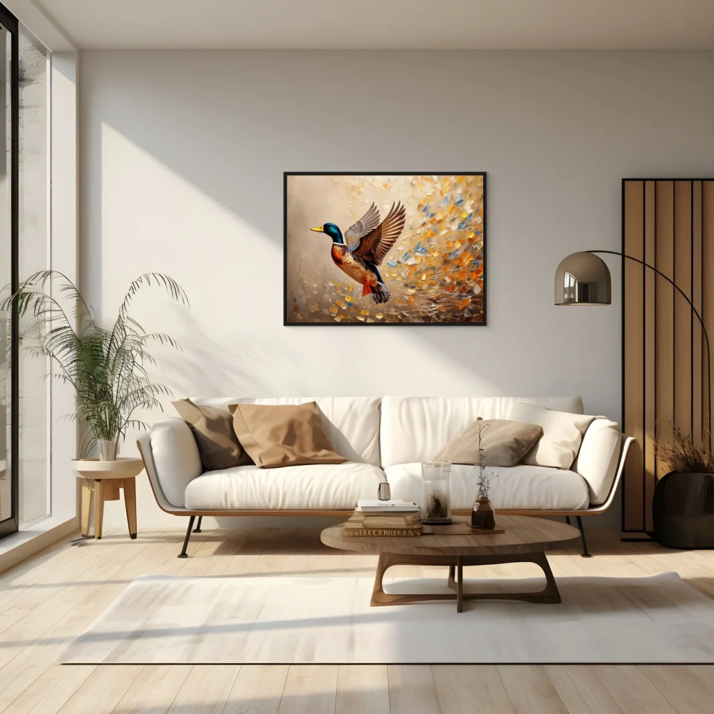 Cuadro de animales Duck Hunt Dorado en sala con decoración neutra y cálida ArtVivo