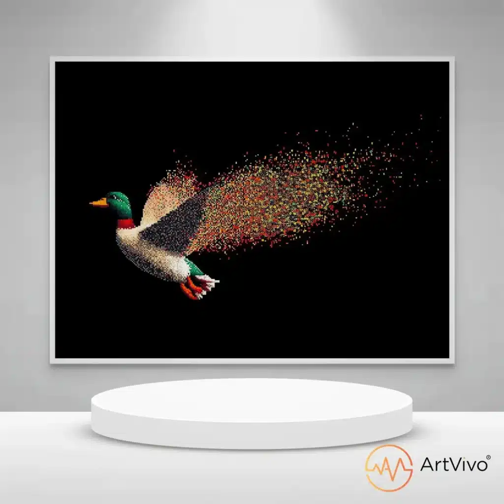 Cuadros decorativos interactivos — Duck Hunt Pixel pato pixel art sobre fondo negro en lienzo ArtVivo