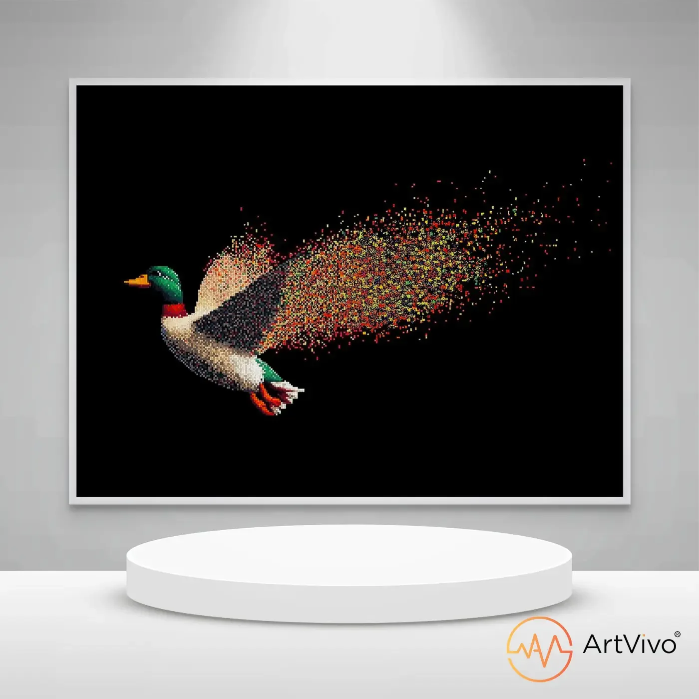 Cuadros decorativos interactivos — Duck Hunt Pixel pato pixel art sobre fondo negro en lienzo ArtVivo