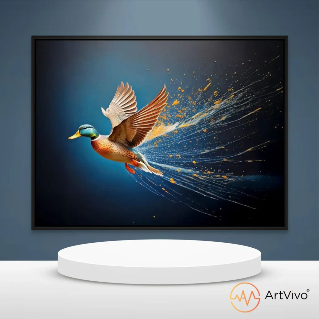 Cuadros decorativos interactivos — Duck Hunt Splash pato con estela de agua y dorado en lienzo ArtVivo