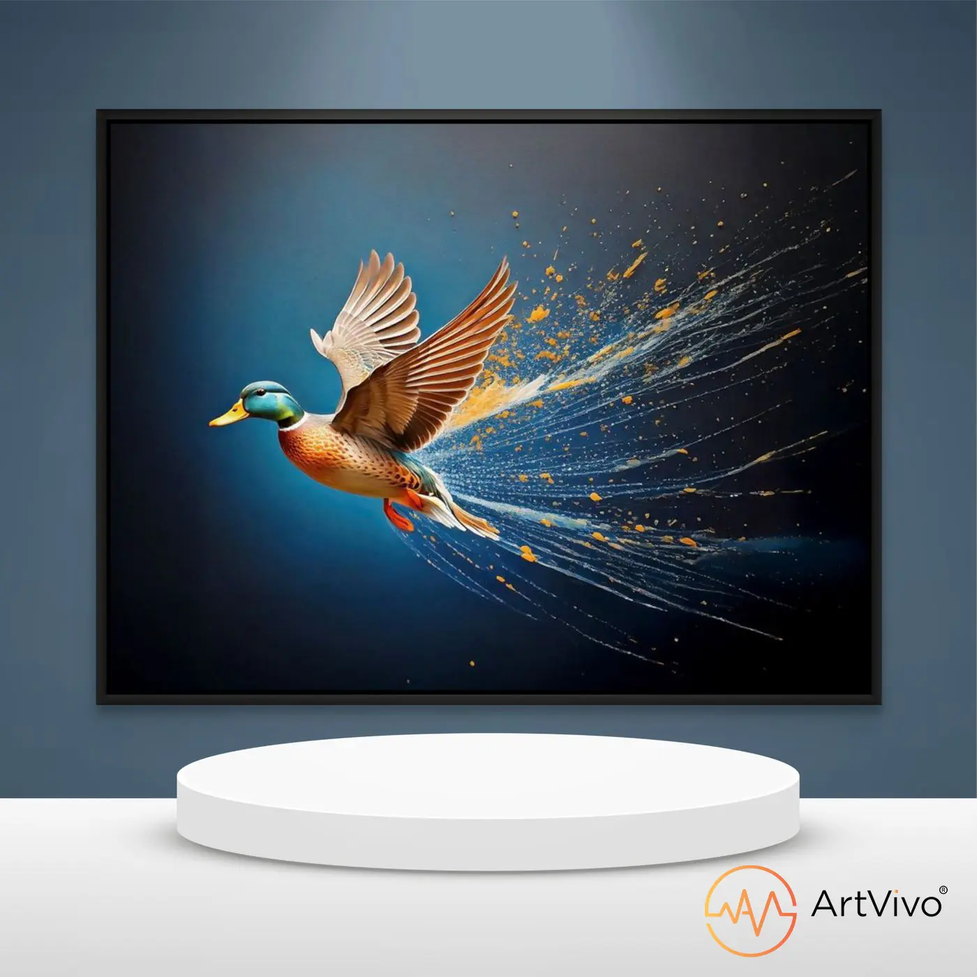 Cuadros decorativos interactivos — Duck Hunt Splash pato con estela de agua y dorado en lienzo ArtVivo