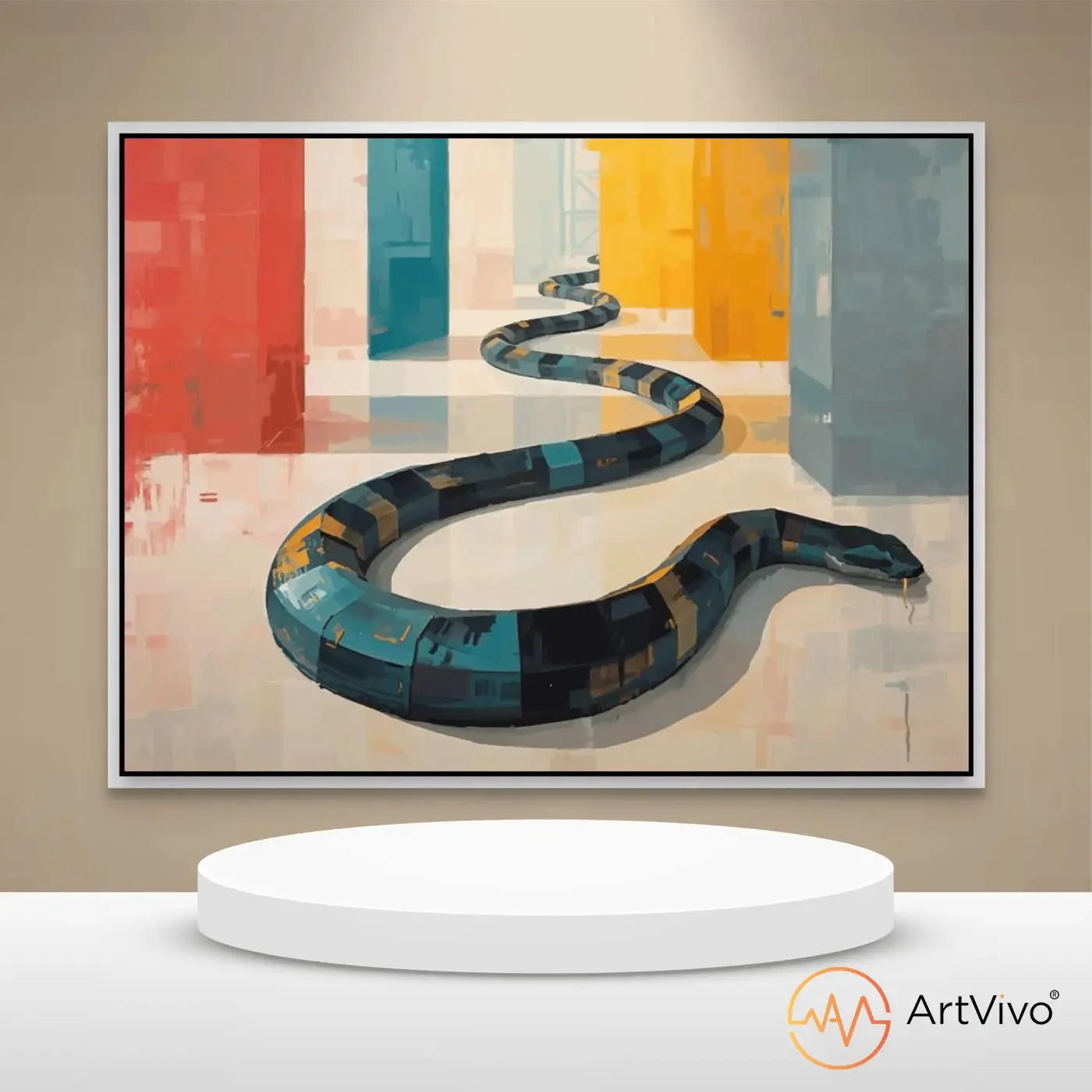 Cuadros decorativos interactivos — Snake Blocks serpiente geométrica azul y dorado en lienzo ArtVivo