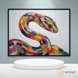 Cuadros decorativos interactivos — Snake Chromatic serpiente arcoíris sobre fondo negro en lienzo ArtVivo