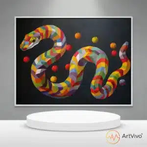 Cuadros decorativos interactivos — Snake Mosaico serpiente multicolor sobre fondo blanco en lienzo ArtVivo