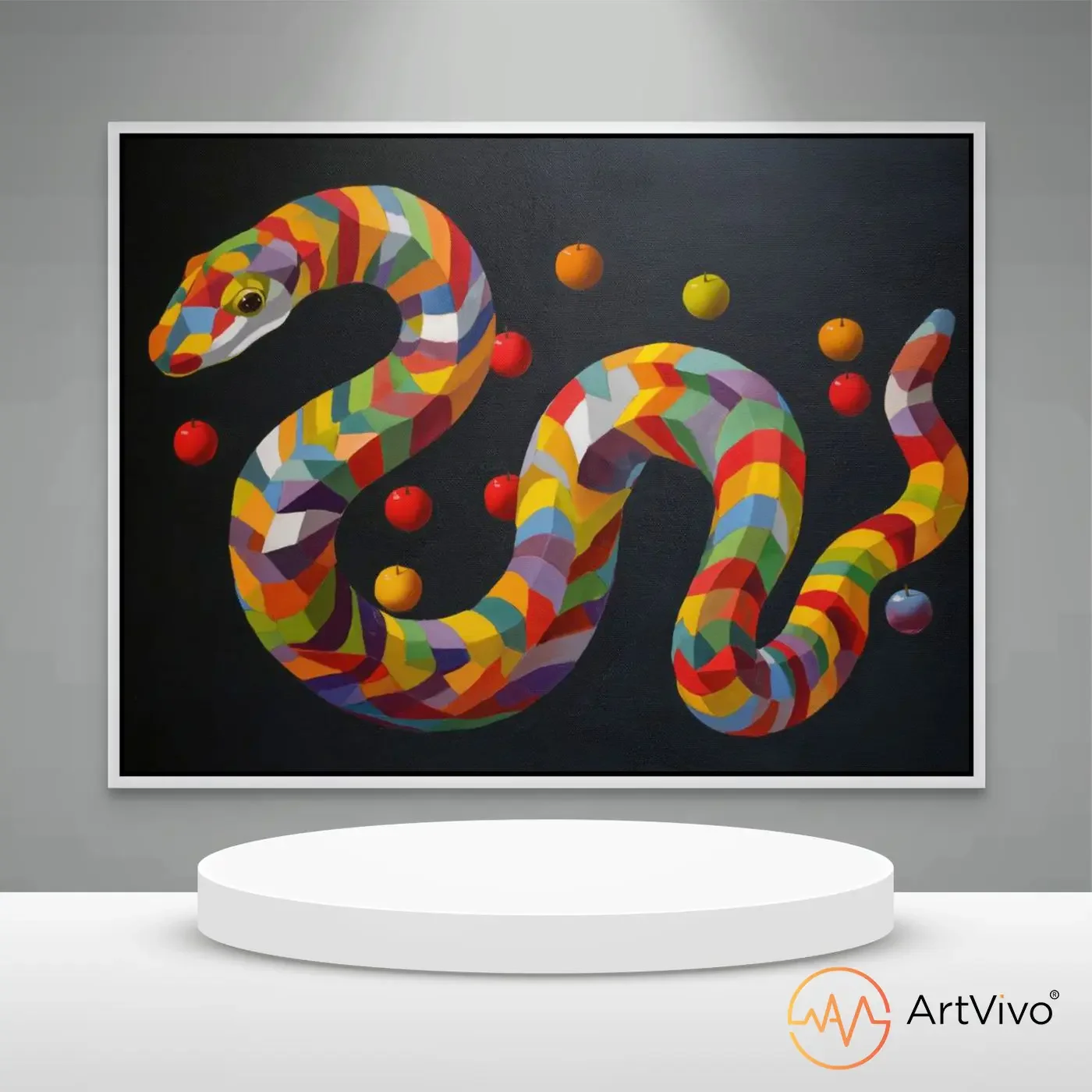 Cuadros decorativos interactivos — Snake Mosaico serpiente multicolor sobre fondo blanco en lienzo ArtVivo