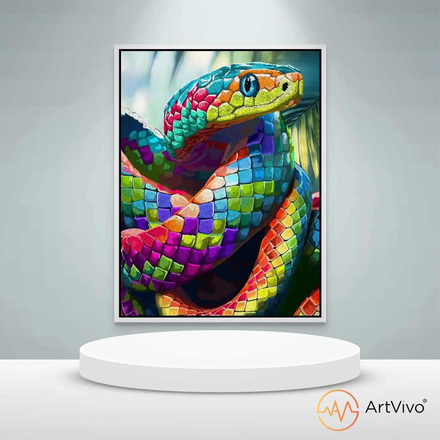 Cuadros decorativos interactivos — Snake Pointillism serpiente tropical puntillismo en lienzo ArtVivo