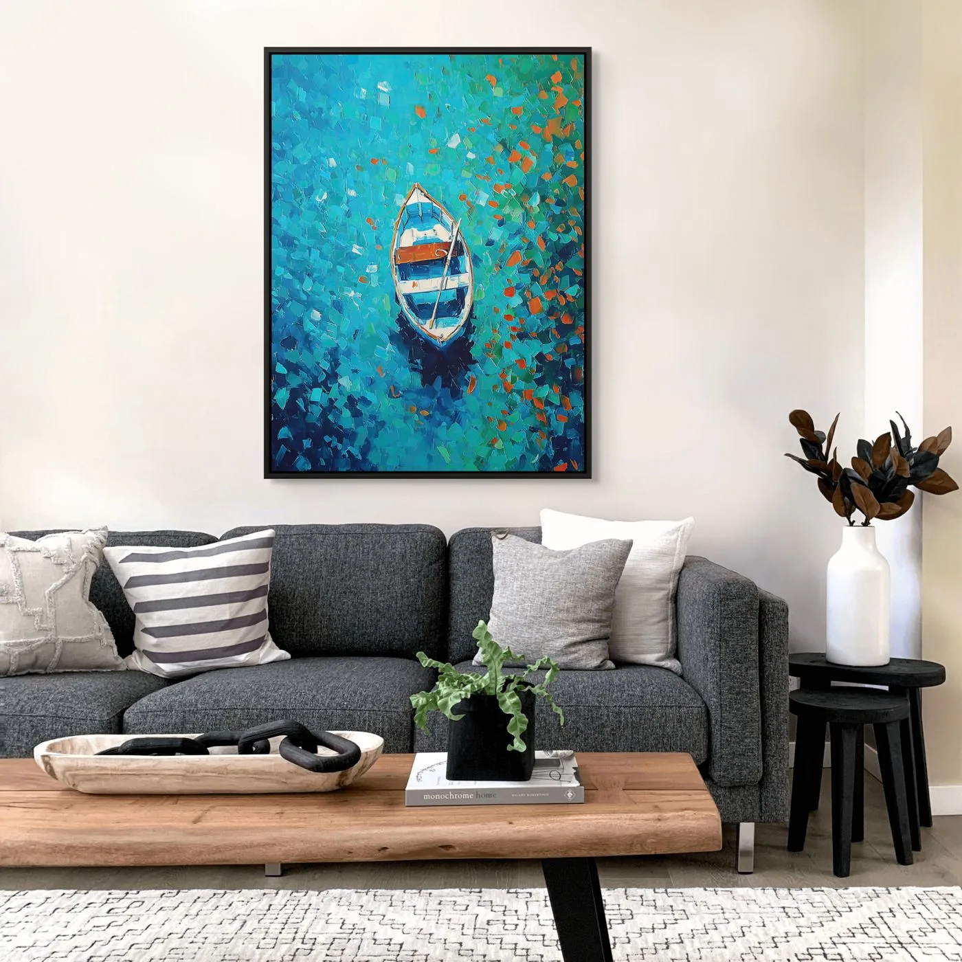 Cuadro de paisaje A la Deriva ambientado en sala moderna con decoración neutra y paleta azul