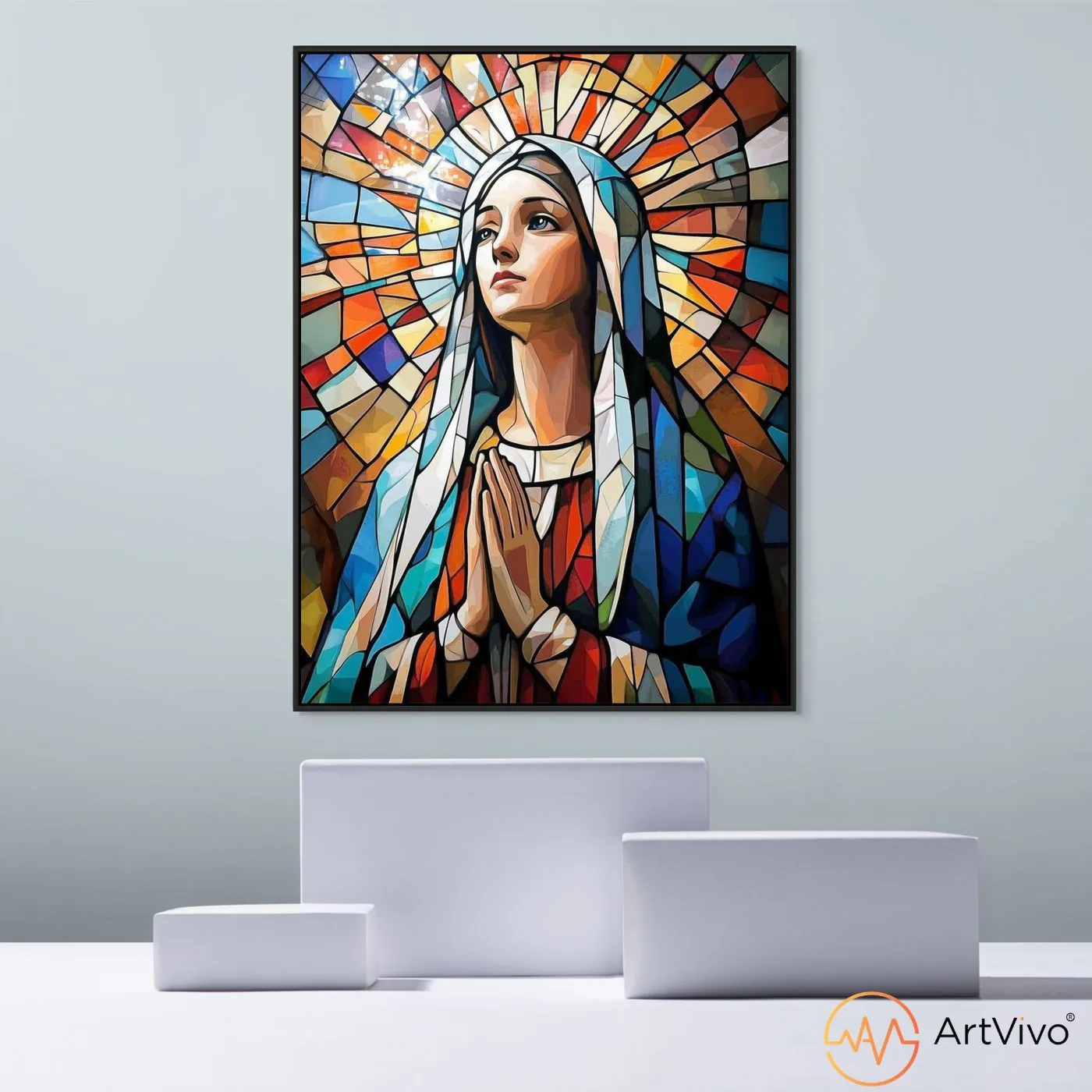 Cuadros religiosos para sala — Luz de Fe Virgen María vitral contemporáneo en lienzo ArtVivo