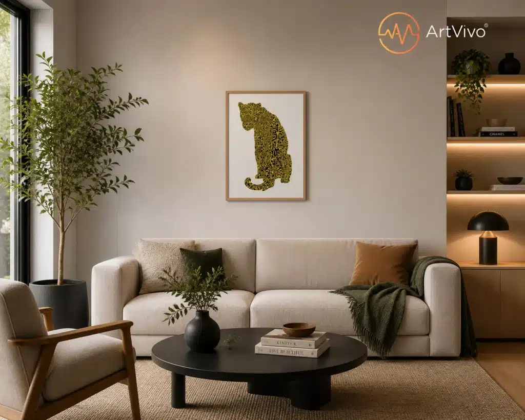 Cuadro decorativo de jaguar sobre un sofá beige en una sala moderna