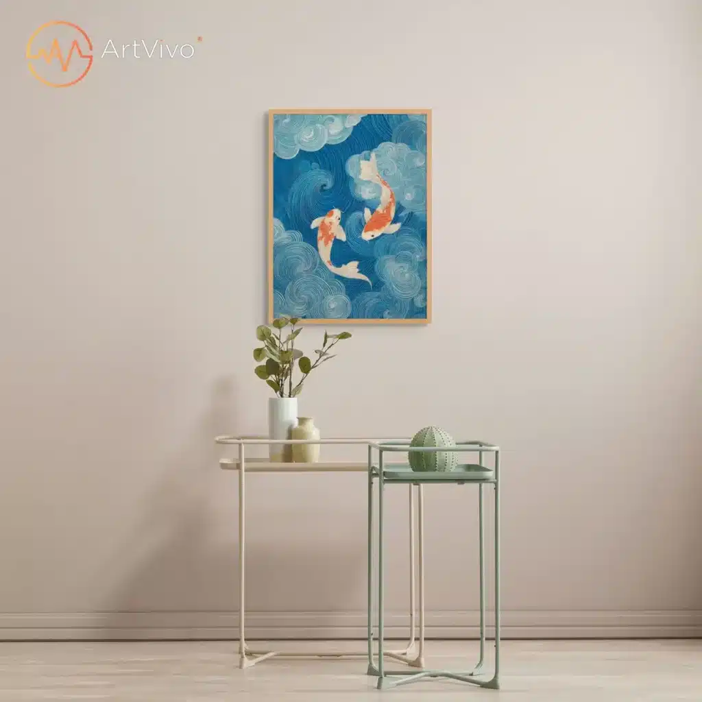 Cuadro de peces koi sobre una mesa auxiliar junto a un florero