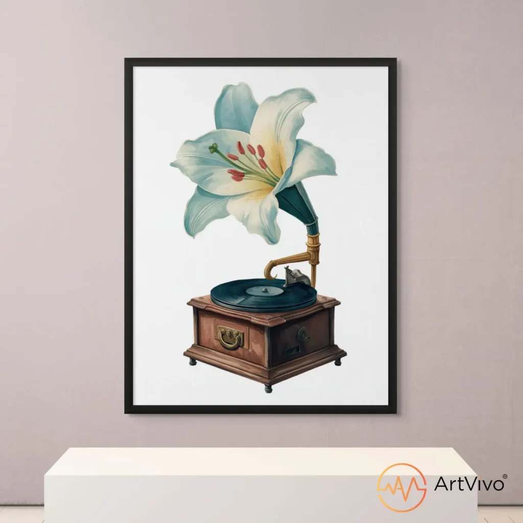 Poster decorativo para sala gramófono con flor La Música Florece — ArtVivo