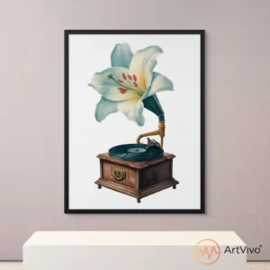 Poster decorativo para sala gramófono con flor La Música Florece — ArtVivo