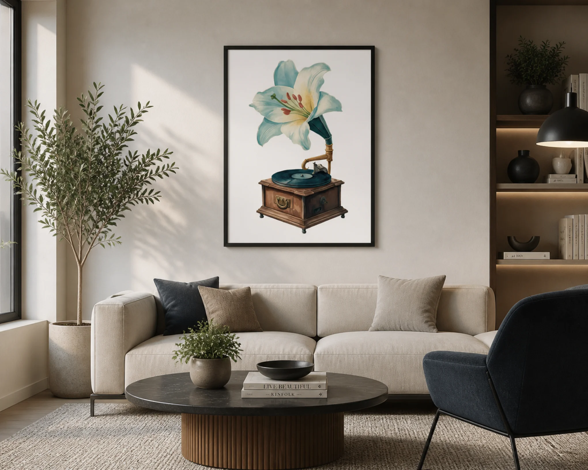 Poster decorativo para sala La Música Florece ambientado en sala retro — ArtVivo