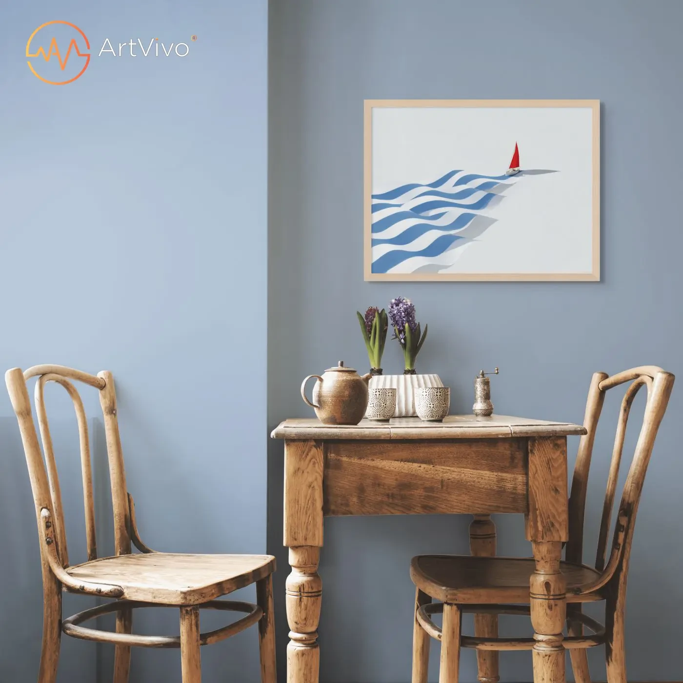 Poster decorativo para sala velero vela roja olas geométricas Rumbo Propio — ArtVivo