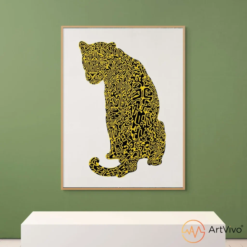 Poster decorativo de animales jaguar dorado líneas negras El Jaguar — ArtVivo