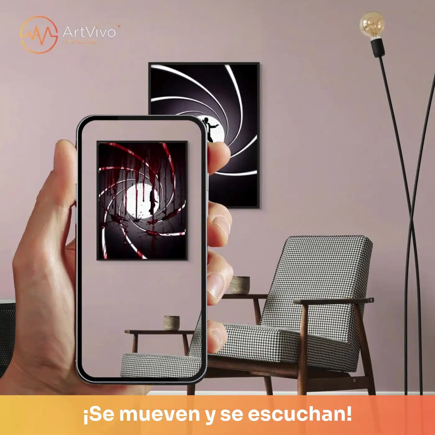 Cuadro decorativo animado Agente Secreto: espiral de cañón con la silueta de un agente secreto, arte retro minimalista, quieto en la pared y cobrando vida en el celular con el QR