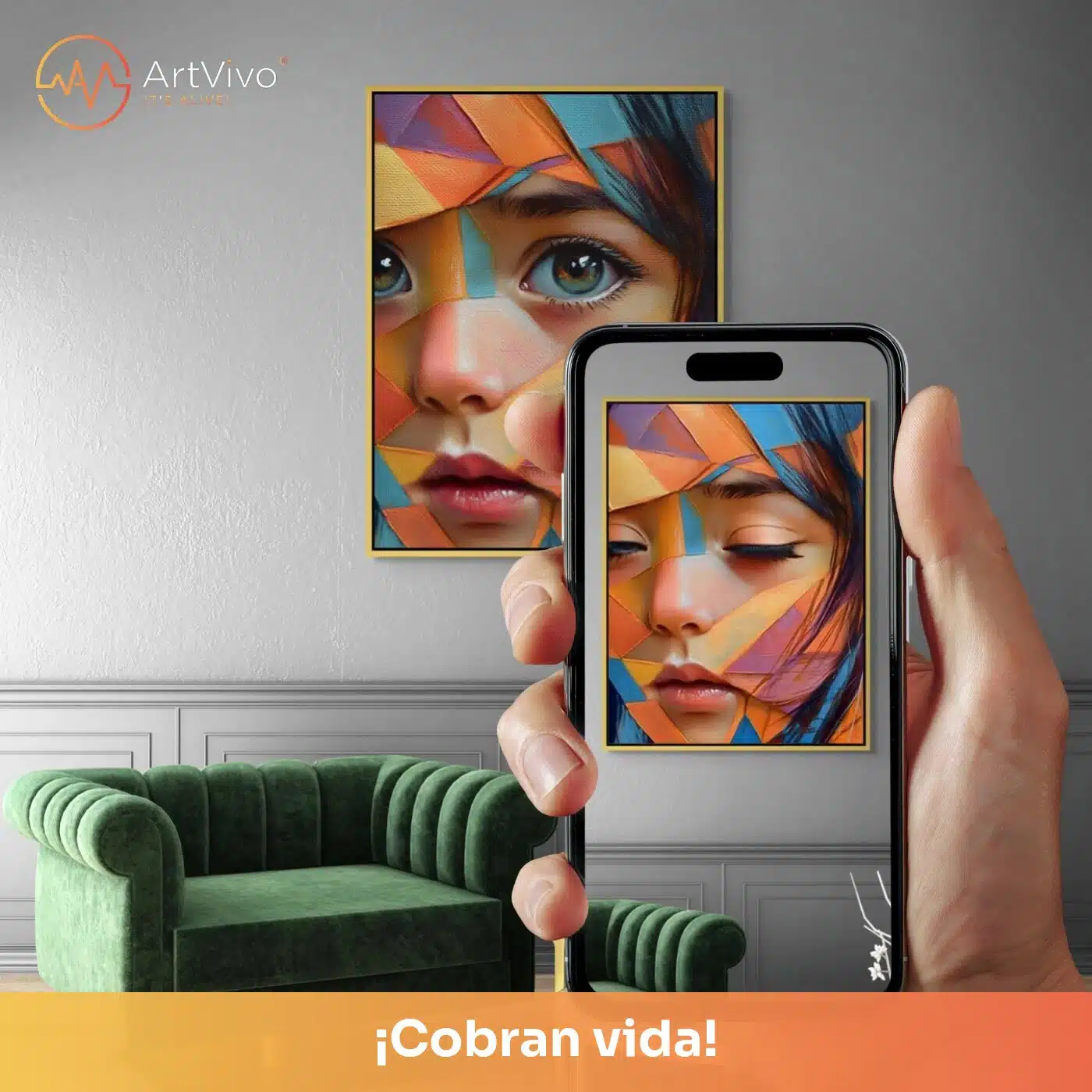 Cuadro decorativo animado Alma en Colores: retrato de una mujer con el rostro en colores, estilo pop art, quieto en la pared y cobrando vida en el celular con el QR