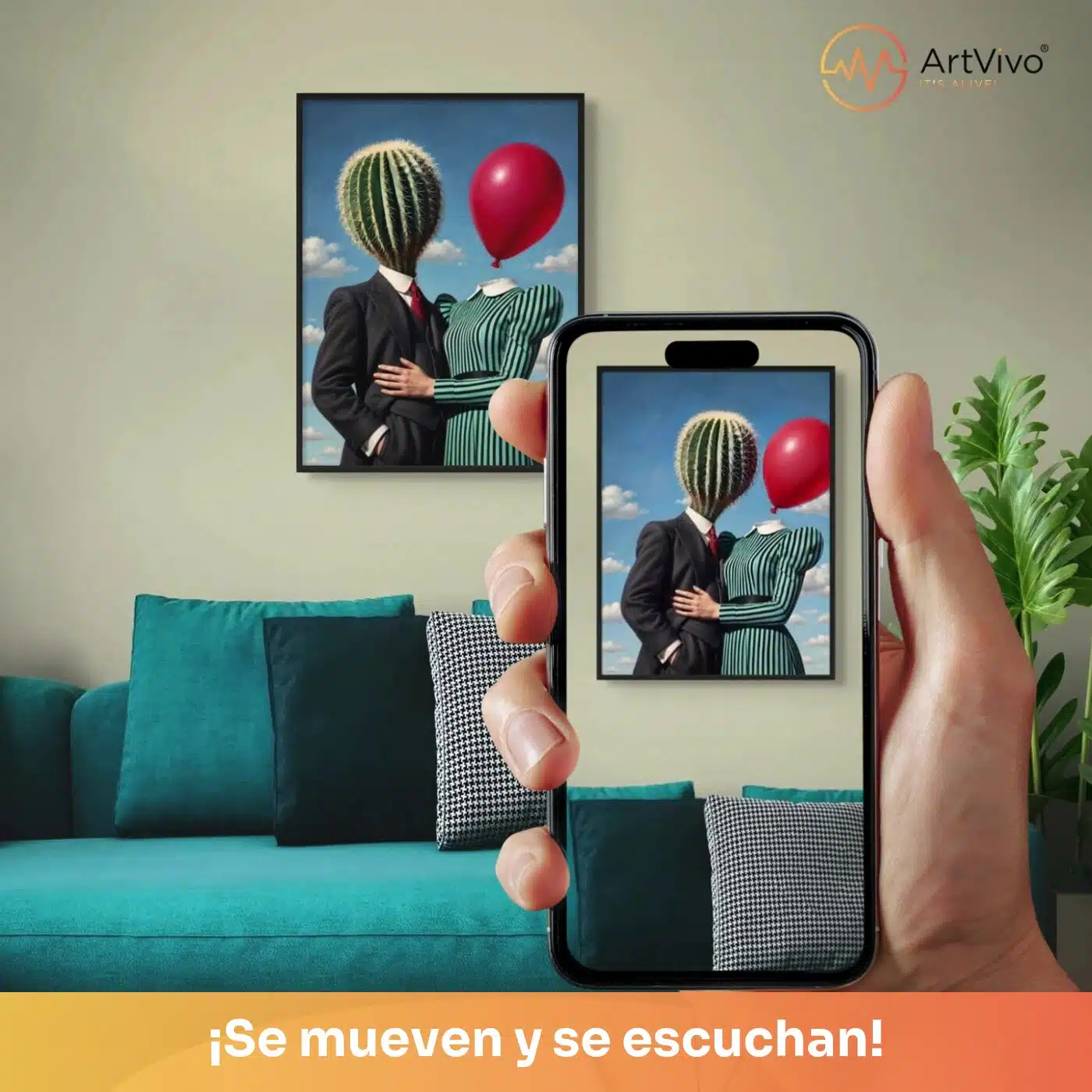 Cuadro decorativo animado Amor Bomba: pareja con cabeza de cactus y un globo rojo, arte surrealista, quieto en la pared y cobrando vida en el celular con el QR