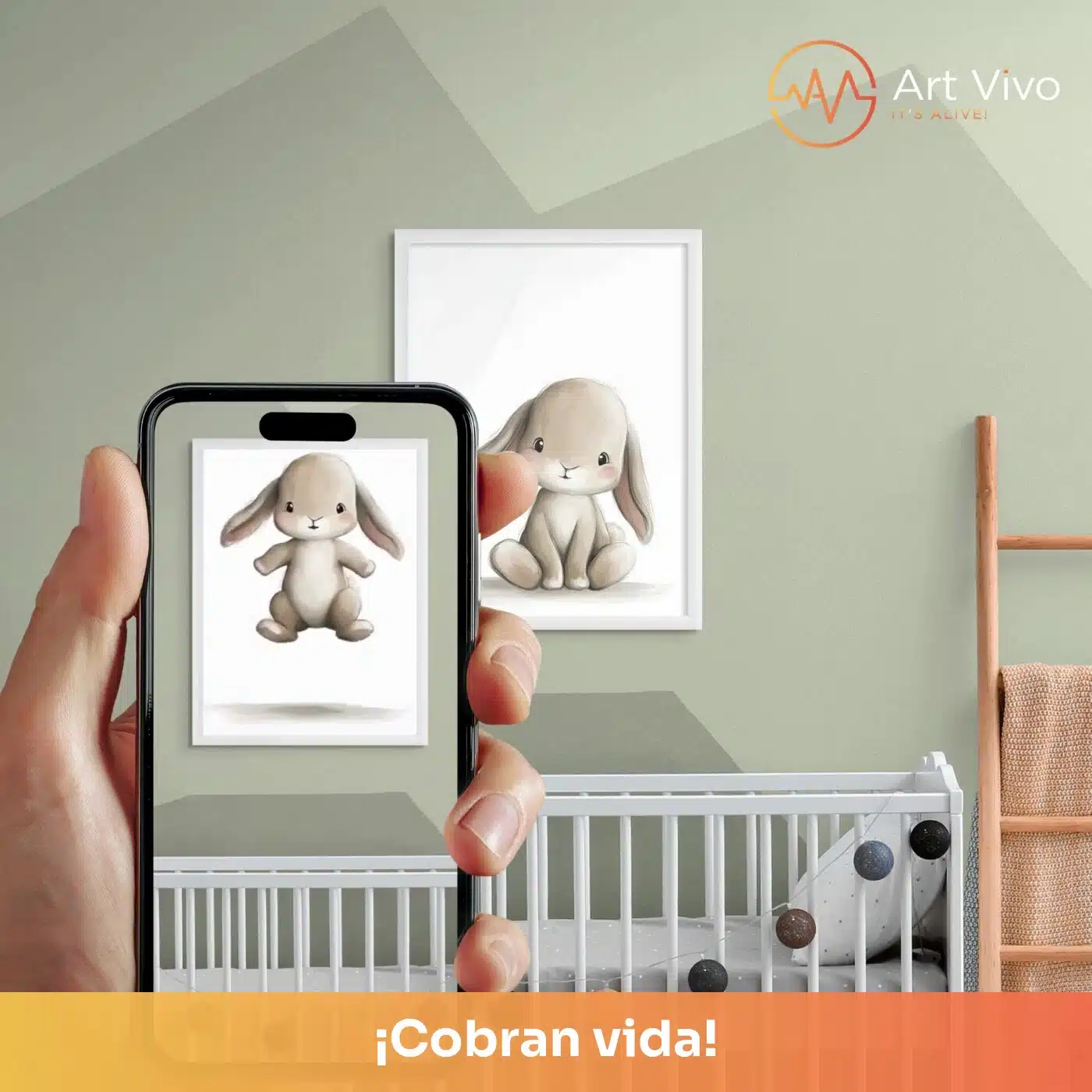 Cuadro decorativo animado Blandito: conejito de peluche ilustrado para cuarto de niños, quieto en la pared y cobrando vida en el celular con el QR