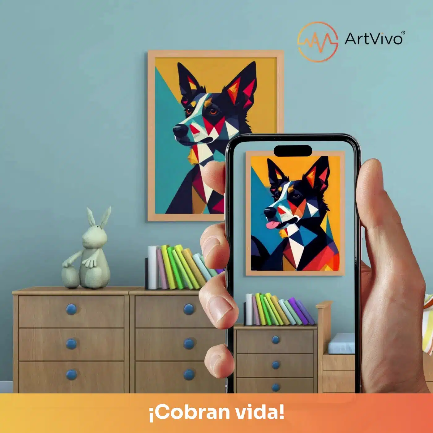 Cuadro decorativo animado Border Cubic: perro border collie en estilo cubista de colores, quieto en la pared y cobrando vida en el celular con el QR