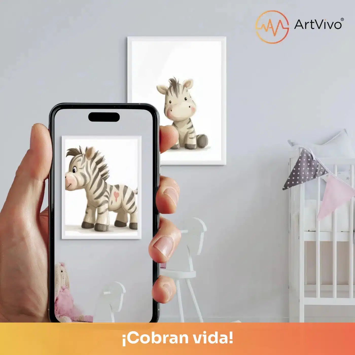 Cuadro decorativo animado Cebrita: cebra bebé ilustrada para cuarto de niños, quieto en la pared y cobrando vida en el celular con el QR