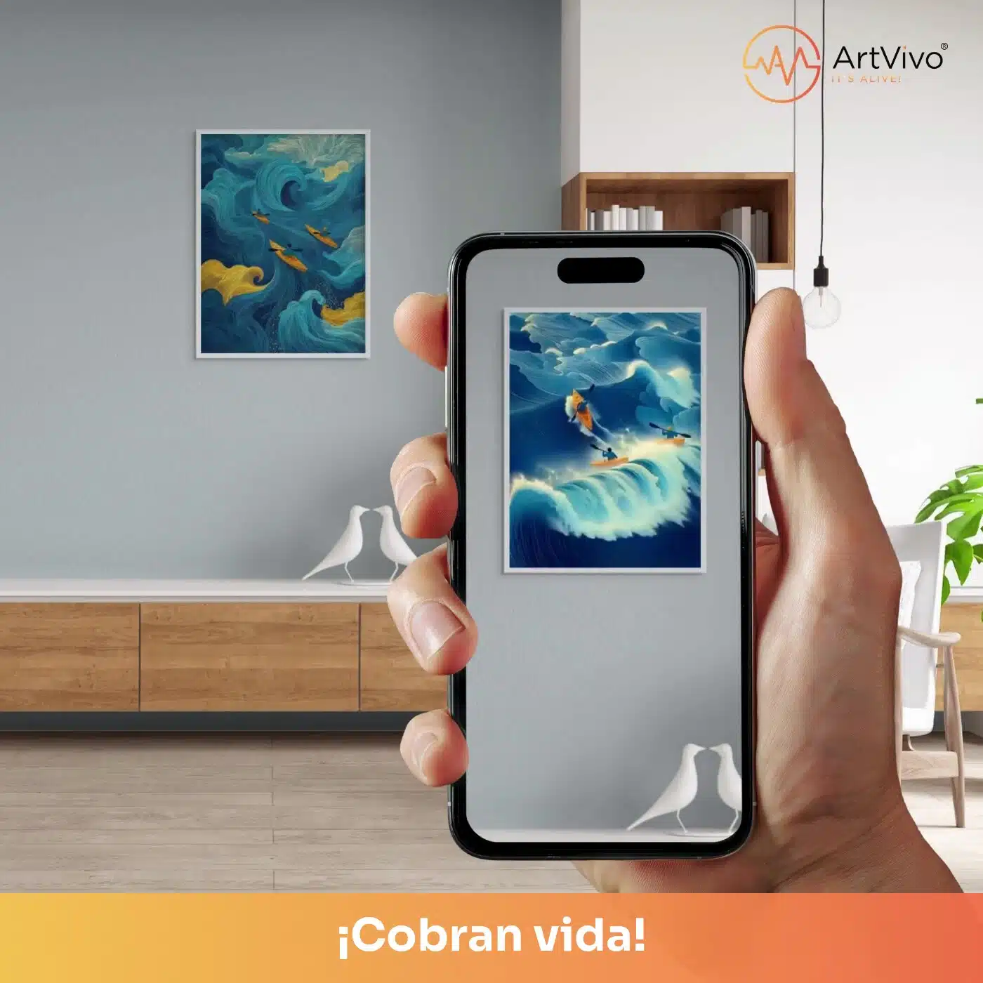 Cuadro decorativo animado Contra la Corriente: ola y mar azul en un paisaje de deporte acuático, quieto en la pared y cobrando vida en el celular con el QR