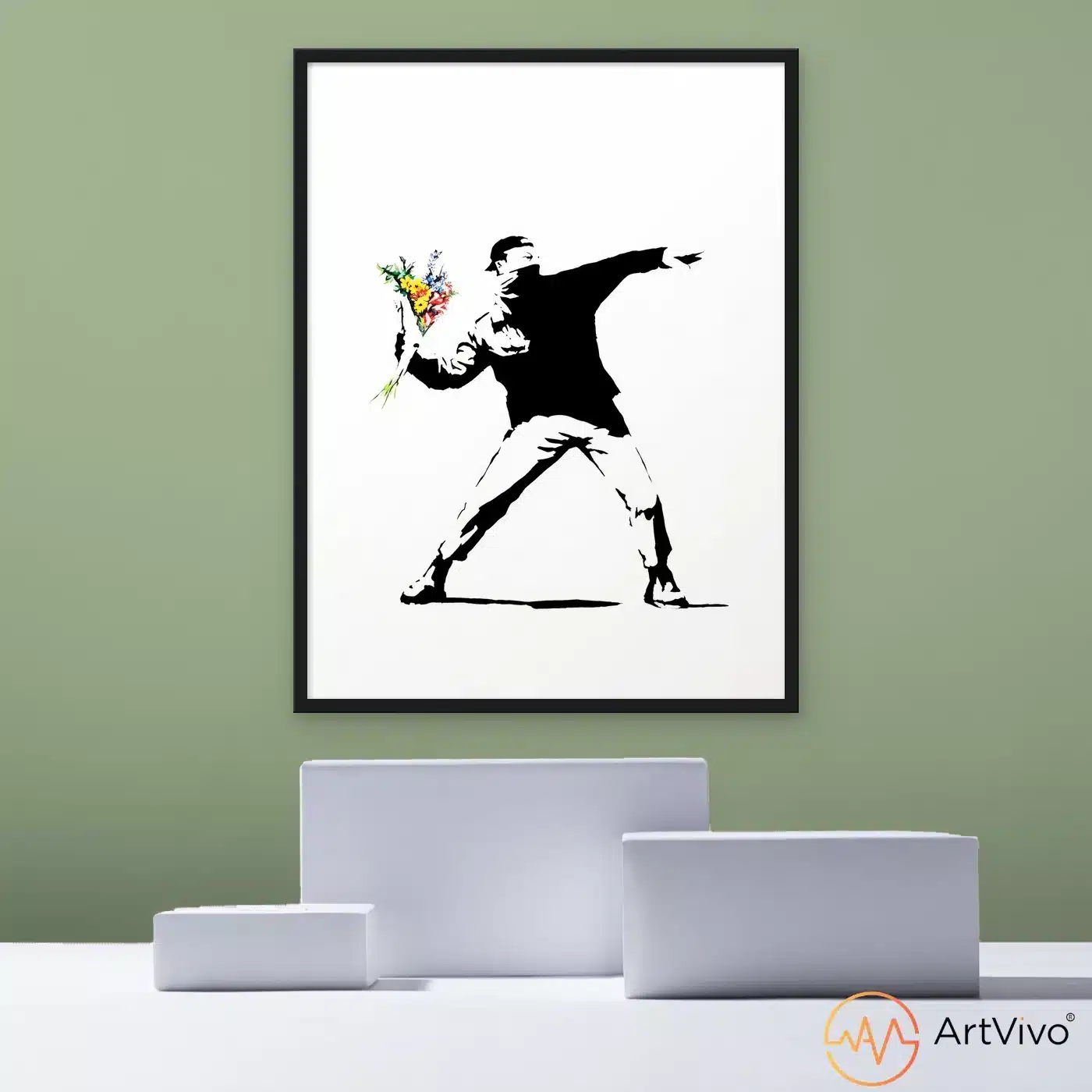 Cuadro decorativo de arte urbano en blanco y negro de un joven lanzando un ramo de flores, ArtVivo