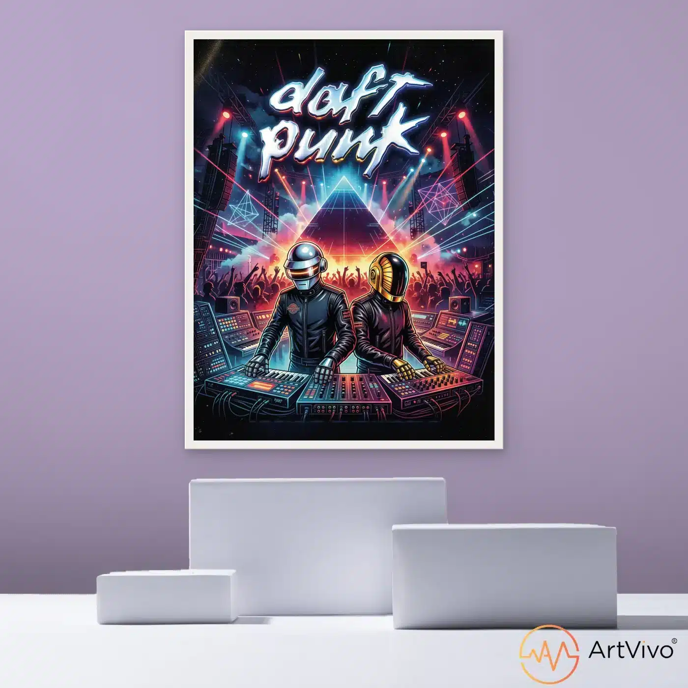 Cuadro decorativo de música electrónica con dos DJs y luces neón, ArtVivo