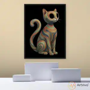 Cuadro decorativo de gato multicolor de líneas ondulantes sobre fondo negro, ArtVivo